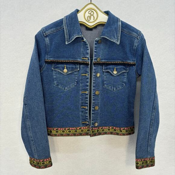 Carole Little Denim Jacket Women size 4 Boho Hippie Floral Trim Casual Festival - Picture 1 of 10